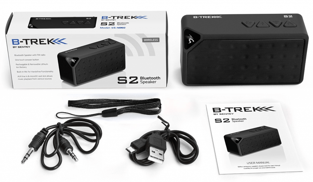 The contents of the Sentey B-Trek S2 Bluetooth speaker package.