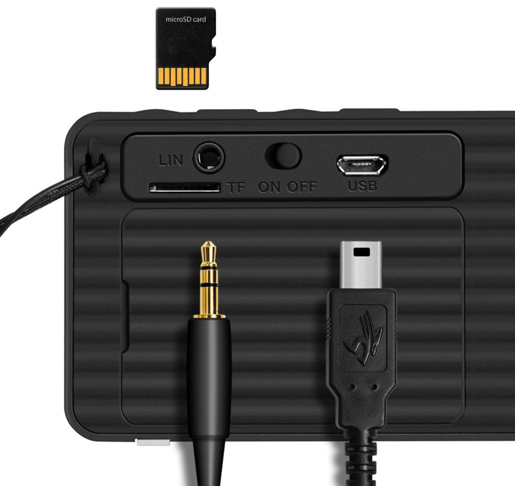 A view of the Sentey B-Trek S2 Bluetooth speaker's various ports.