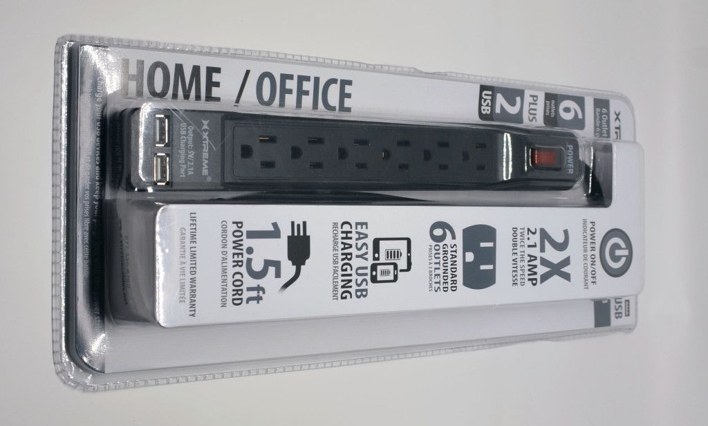The packaging for the Rebelite Xtreme Six Outlet Surge Protector with USB.
