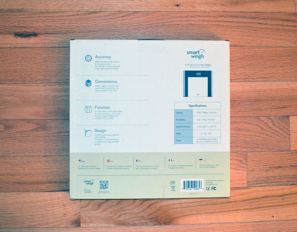 The back of the box for the Smart Weigh Digital Scale.