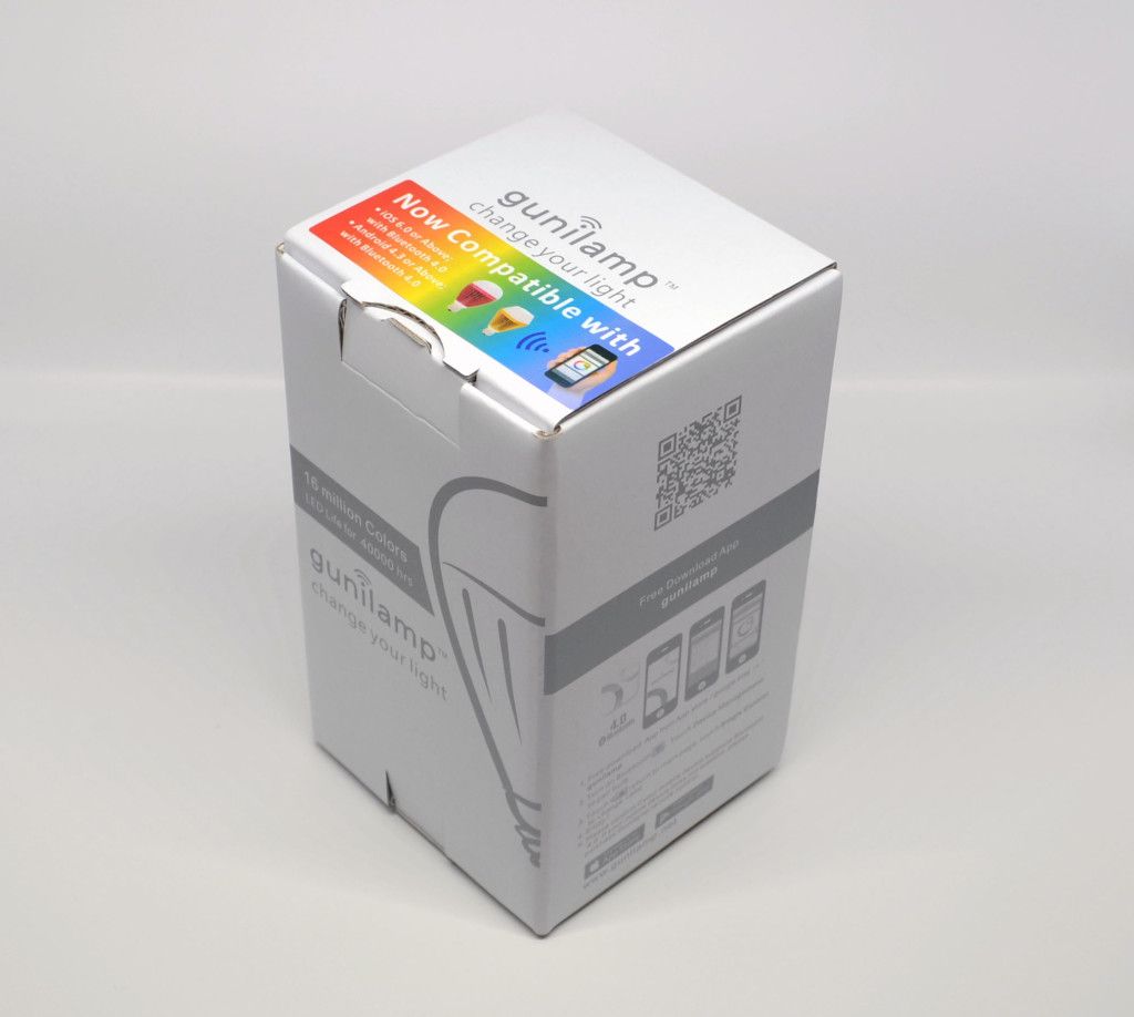 The packaging for the Gunilamp 9.5w Bluetooth LED Smart Light Bulb.