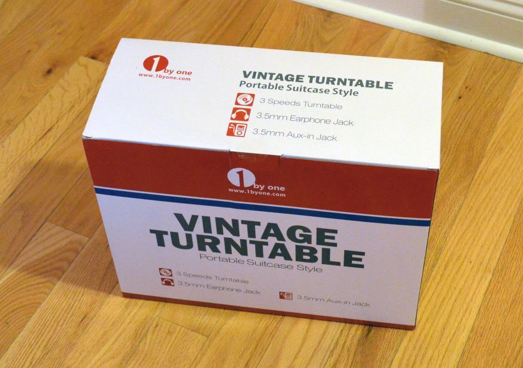 The box for the 1byone Belt-Drive 3 Speed Stereo Portable Turntable.