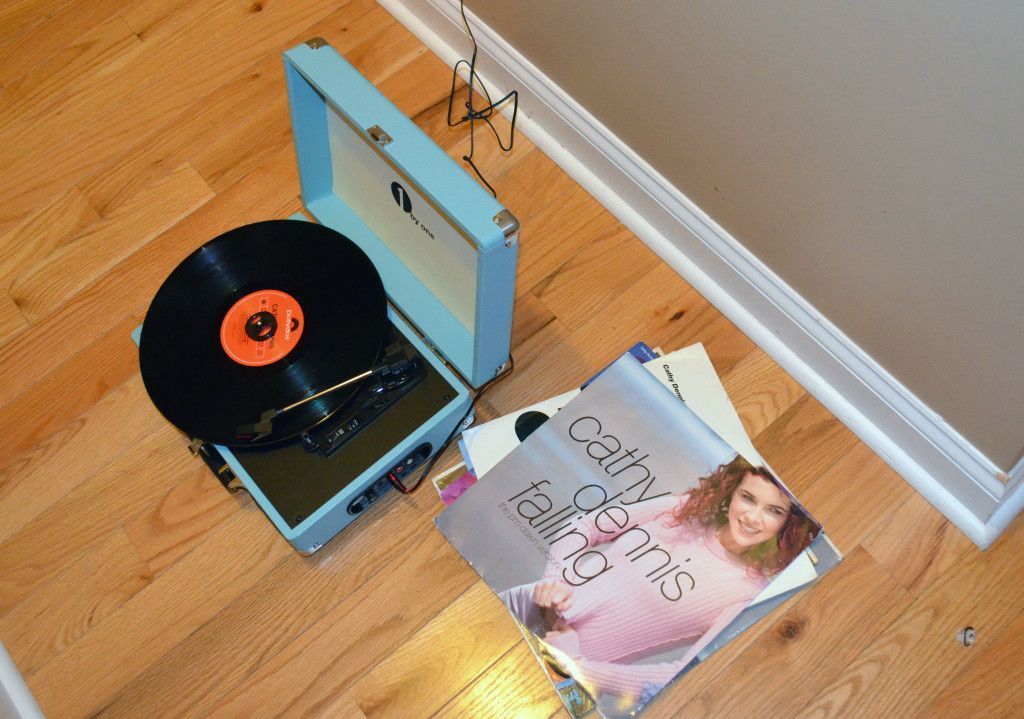 Playing a record.
