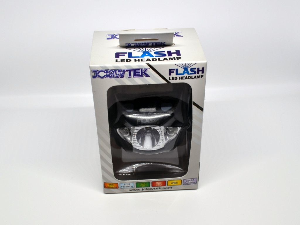 The front of the box for the JClaw Tek Flash LED Headlamp.
