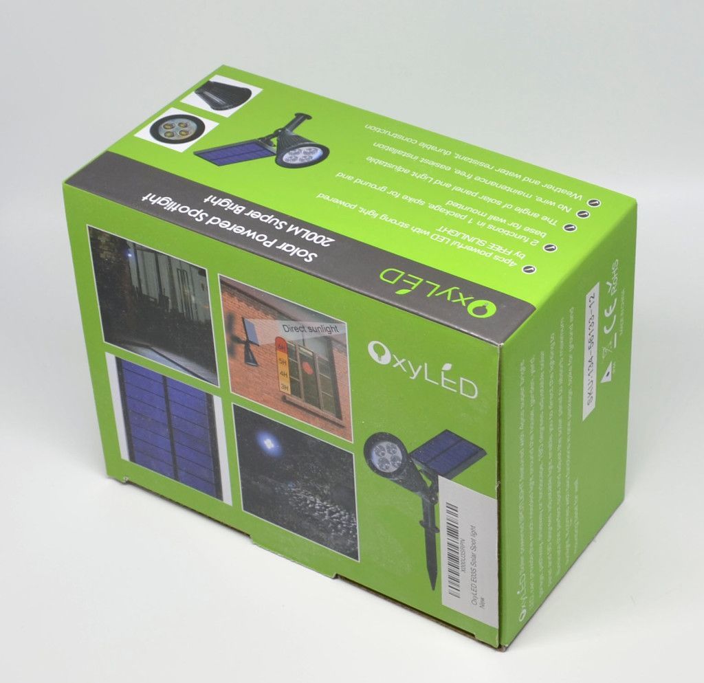 The box for the OxyLED E03S LED Solar Spotlight.