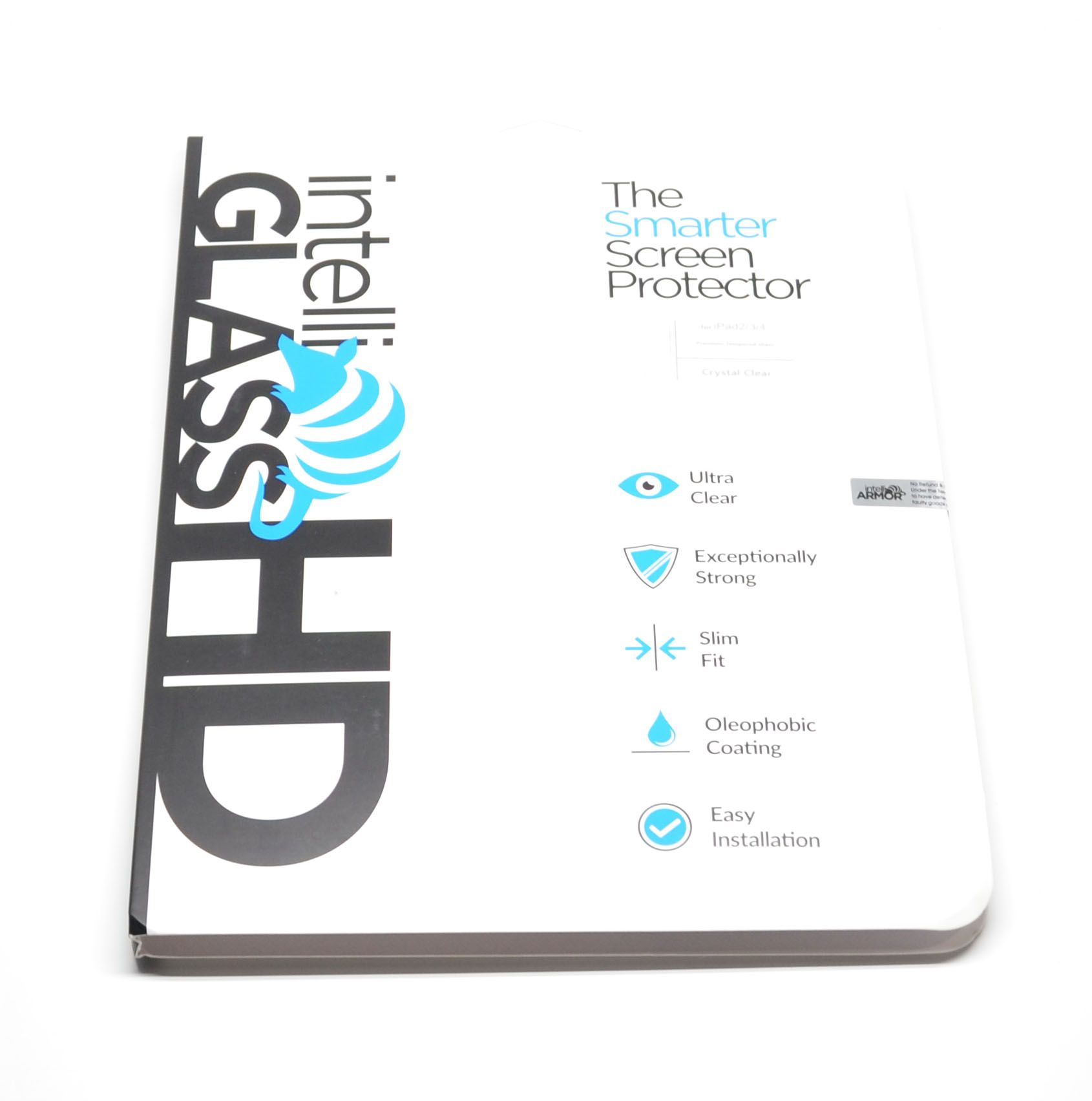 The packaging for the intelliGLASS Hardened Glass Screen Protector.