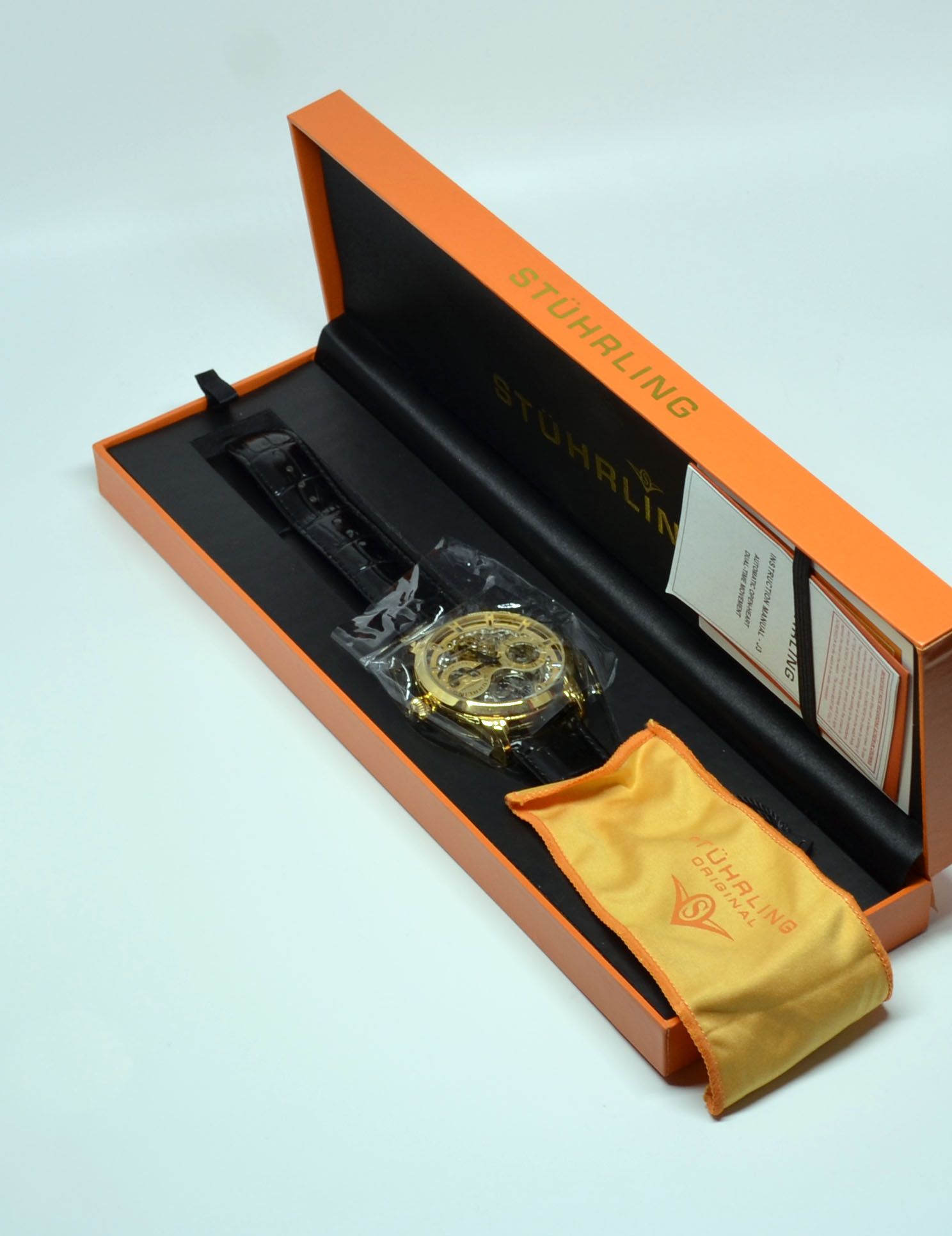 You get the watch, a cleaning cloth, instructions, and warranty and other paperwork.