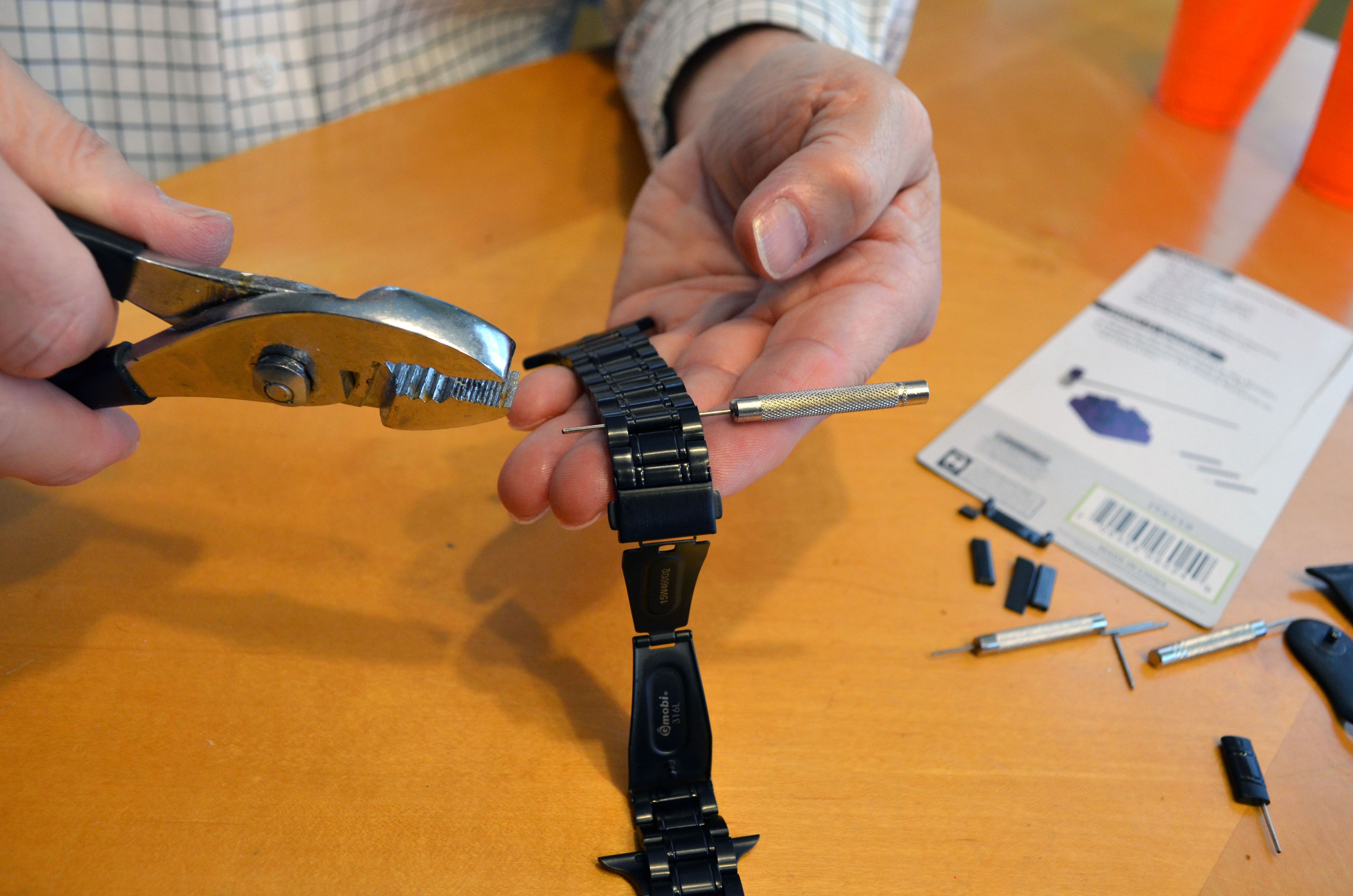 We needed pliers to get the pins out of one of the watch bands.