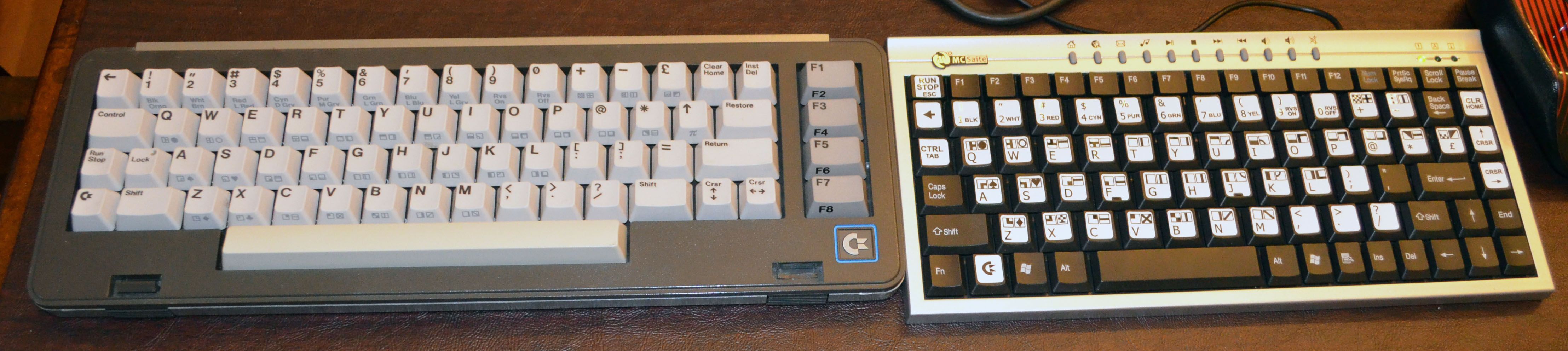 The original SX-64 keyboard (left) and my cheap sticker keyboard (right).
