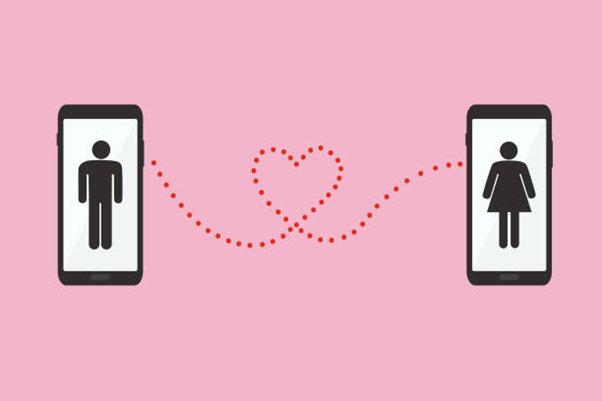 Man icon on phone of left and woman icon on phone on the right connected by a dotted heart line