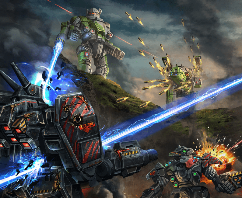 BattleTech art scene with mechs fighting