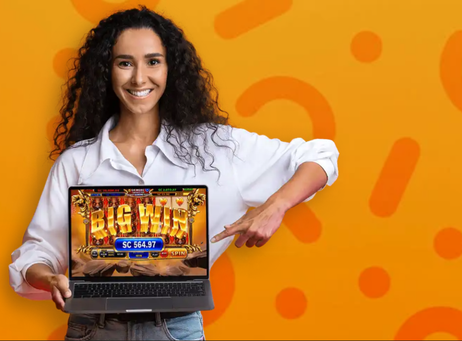 Woman pointing at laptop screen with Chumba Casino displayed