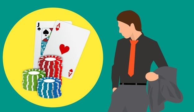 drawing of cards and poker chips with dapper man looking at them
