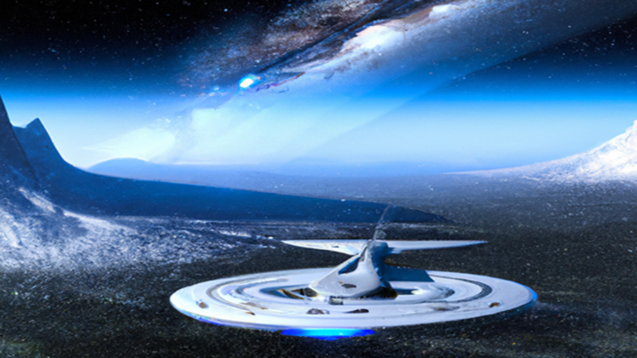 Starship over an alien landscape with a space backdrop