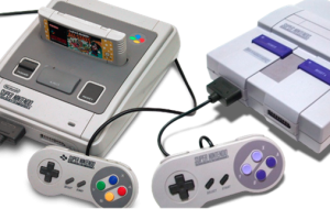 Nintendo Super Famicom on the left and Super Nintendo on the right