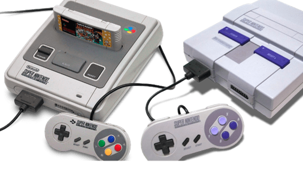 Nintendo Super Famicom on the left and Super Nintendo on the right