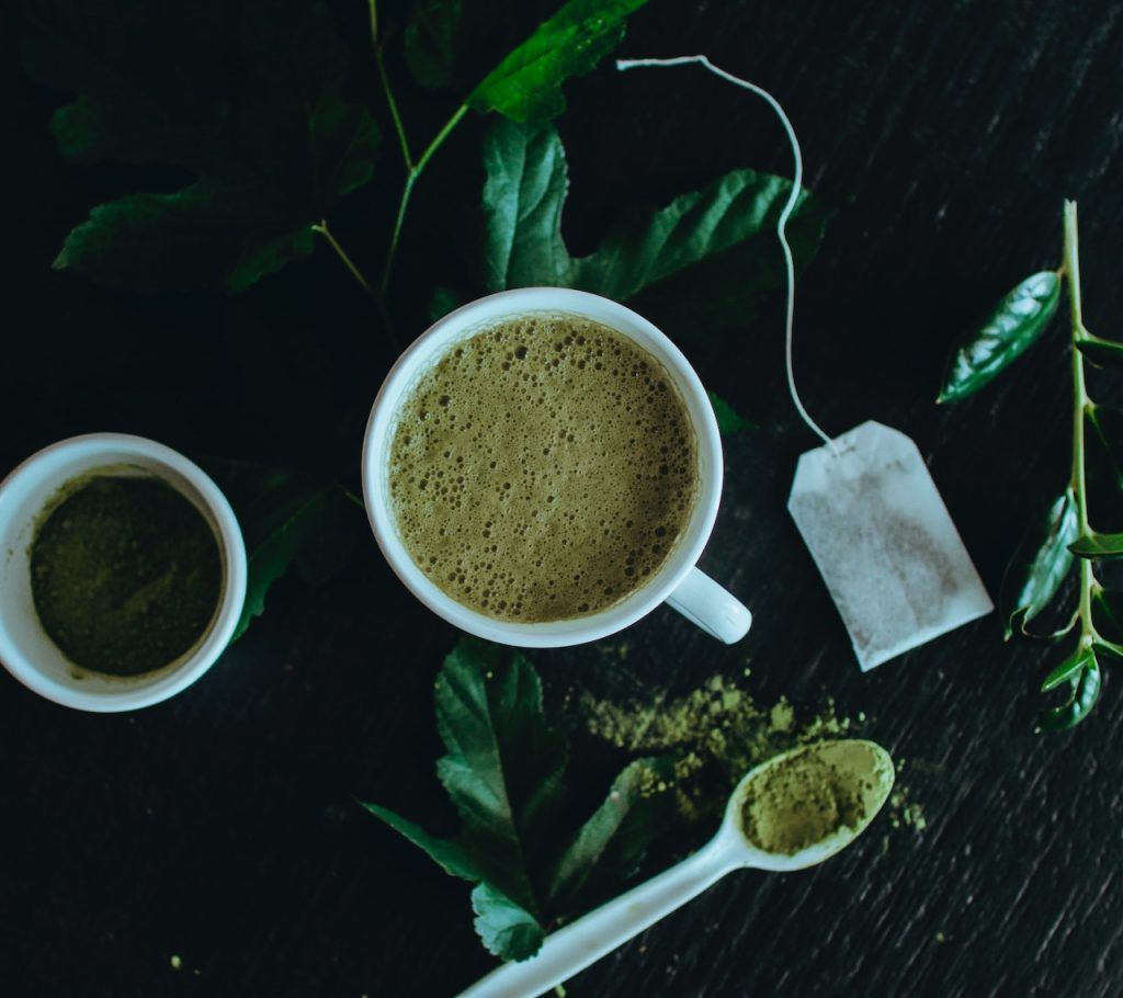 Matcha Latte setting in a Ceramic Cup