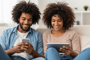 a man and woman on sofa enjoying a smartphone and tablet - Generated with AI