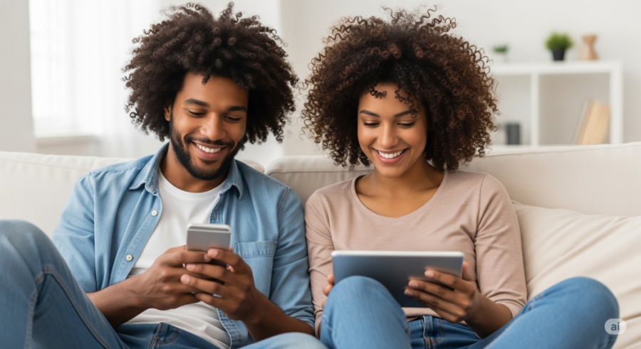 a man and woman on sofa enjoying a smartphone and tablet - Generated with AI
