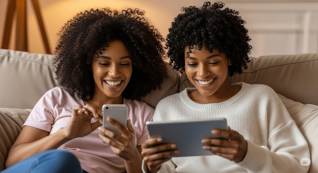 two women on sofa enjoying a smartphone and tablet - Generated with AI
