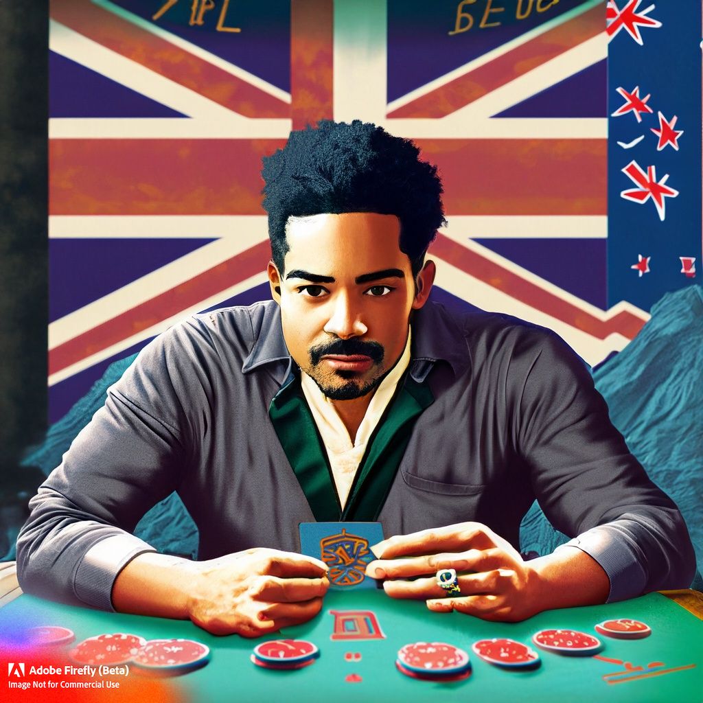 AI drawing of a man playing cards in front of what looks like a New Zealand flag