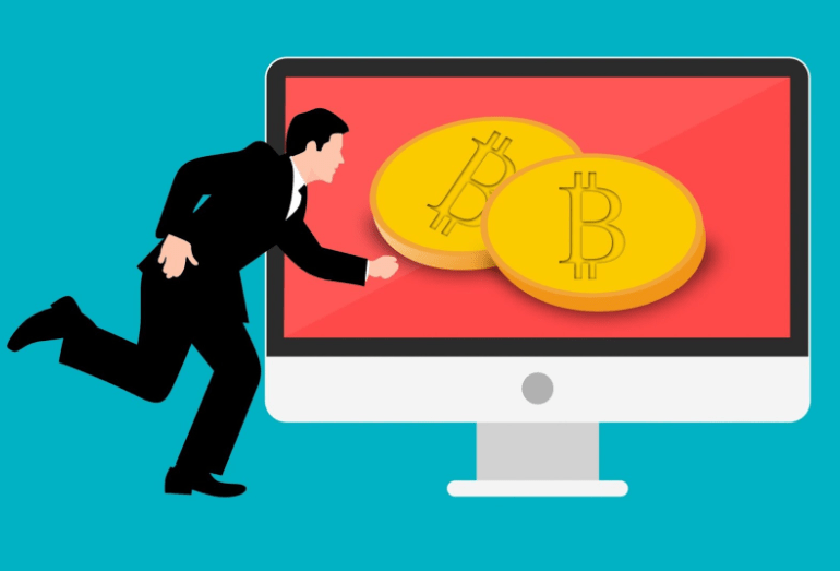 Man running with giant monitor in the background displaying physical bitcoin