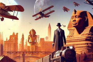 An ancient Egyptian civilization in the background, a railroad in the foreground, a suave spy in the front, and a biplane and starship in the sky - Generated with AI