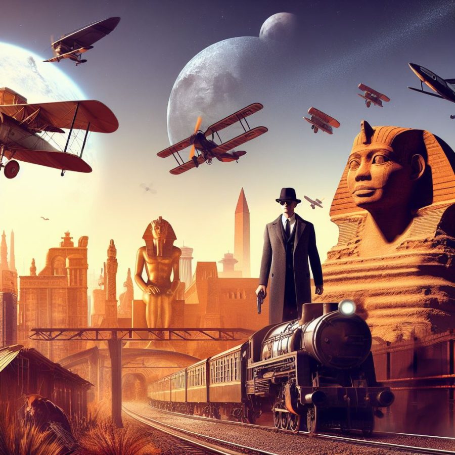 An ancient Egyptian civilization in the background, a railroad in the foreground, a suave spy in the front, and a biplane and starship in the sky - Generated with AI