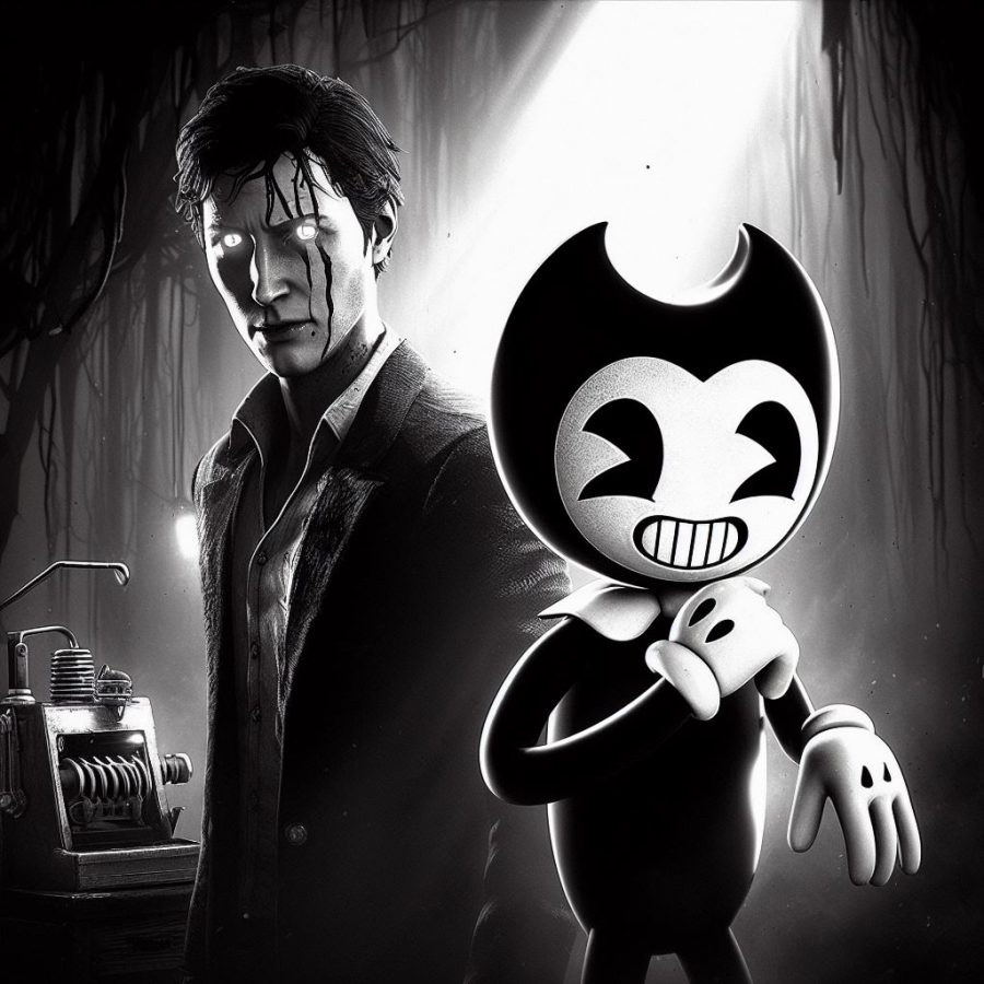 Alan Wake and Bendy and the Ink Machine in a shared horror PC game - Generated with AI
