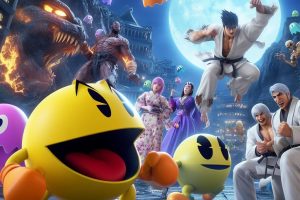 Tekken 7 characters fighting Pac-Man and the ghosts cheering them on - Generated with AI