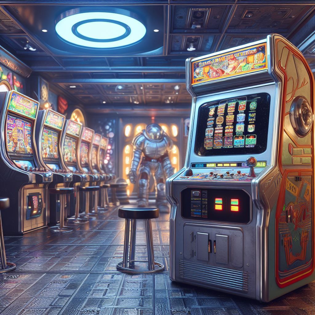 A classic arcade slot machine set in a futuristic setting - Generated with AI