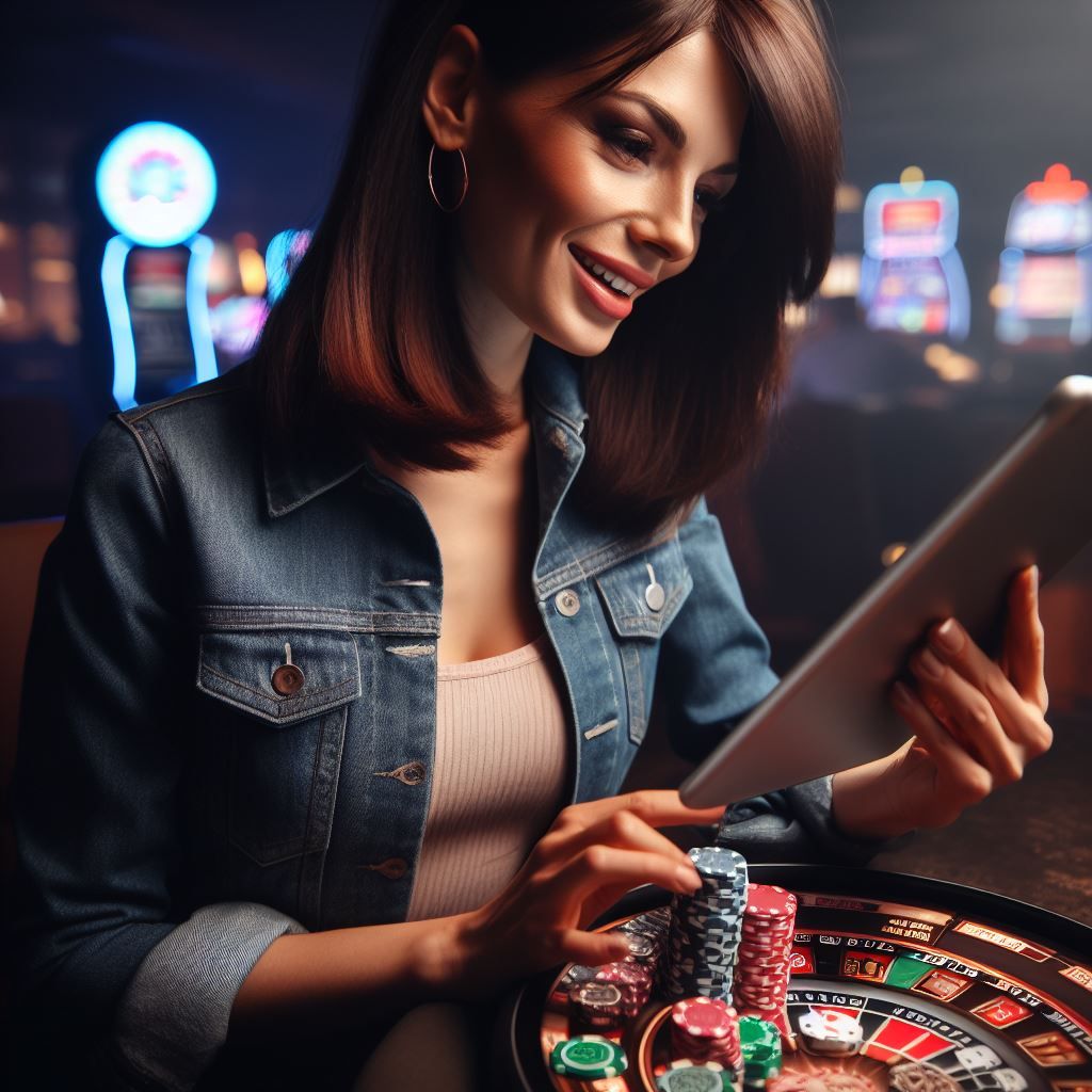 A woman winning a casino game on her tablet - Generated with AI