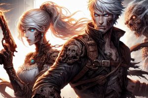 An action roguelike featuring fantasy and post apocalyptic zombie elements with male and female protagonists who are not zombies - Generated with AI