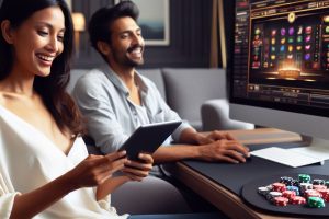 A woman enjoying a casino game on her computer while a man sits in the background on a sofa enjoying a casino game on his tablet - Generated with AI