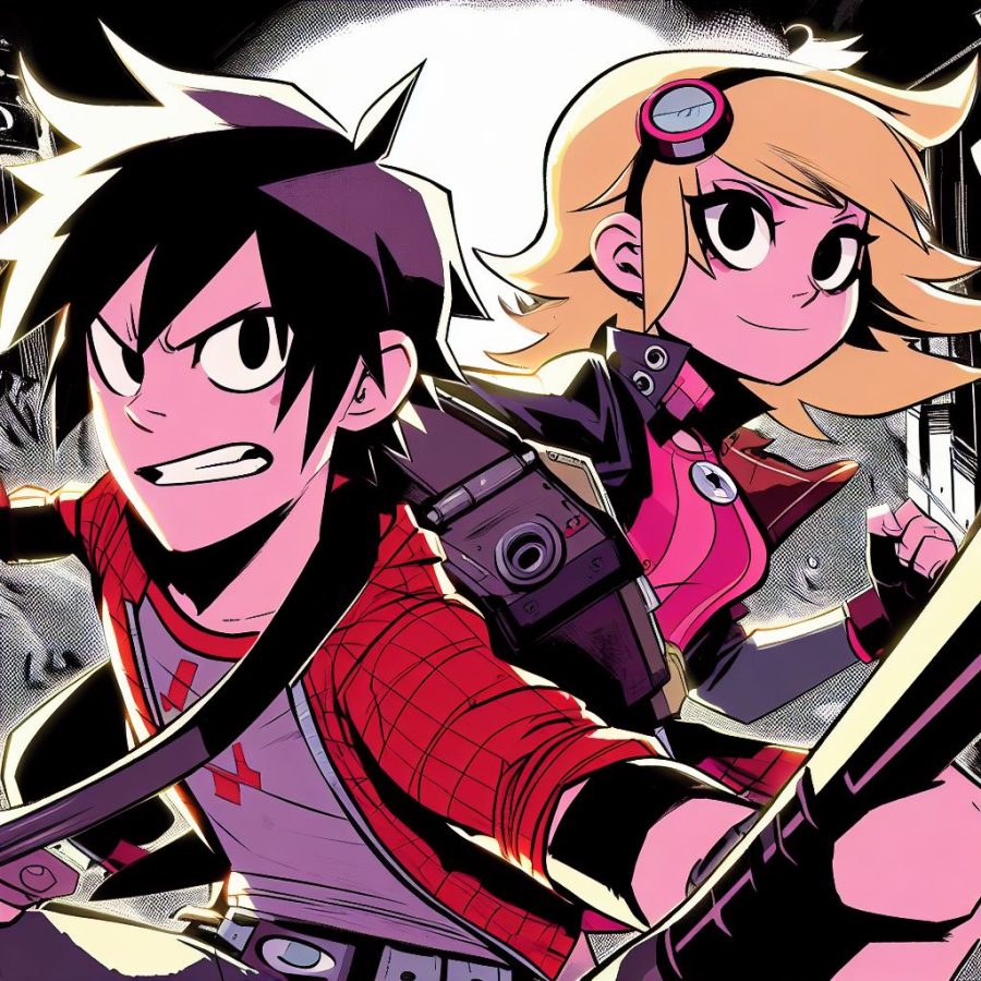 Scott Pilgrim and Courtney Crumrin in an action-packed comic - Generated with AI