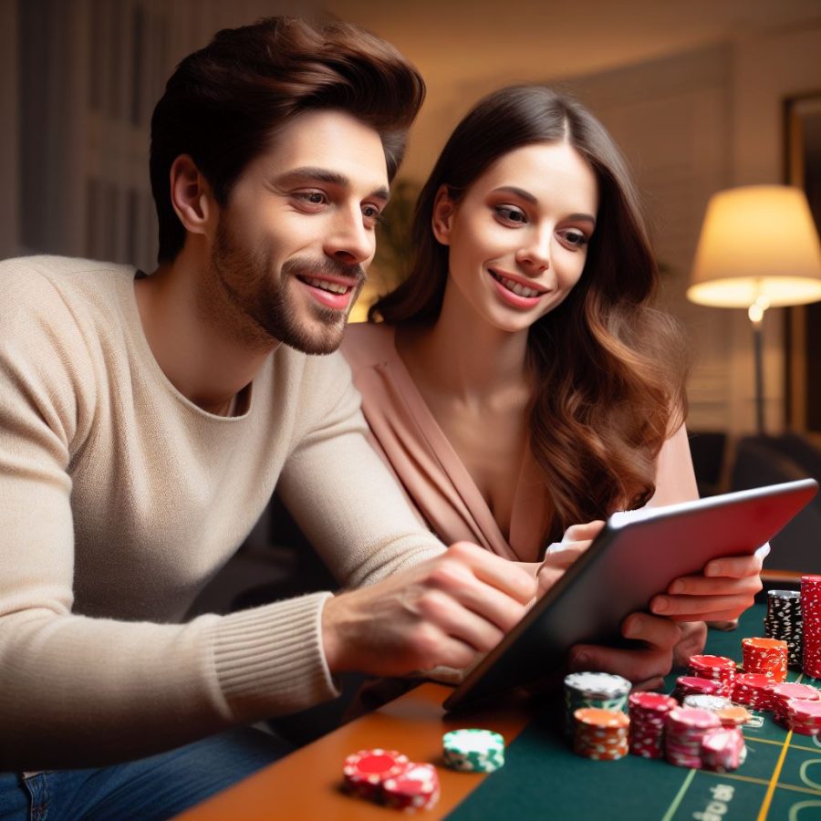 A young couple playing online casino games on an iPad - Generated with AI