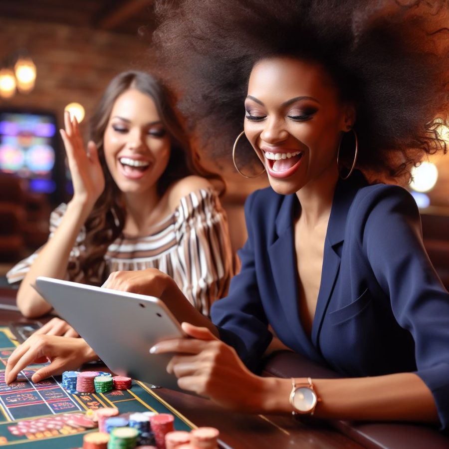 A woman winning a casino game on her tablet - Generated with AI