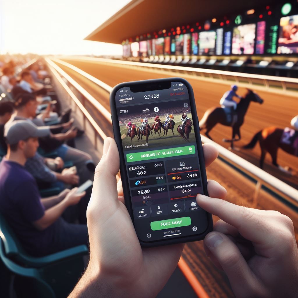 people sports betting on mobile devices at a new jersey racetrack - Generated with AI