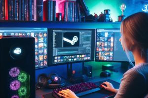 Steam Deck and gaming desktop PC with lots of LEDs in a typical gamer room with a woman - Generated with AI