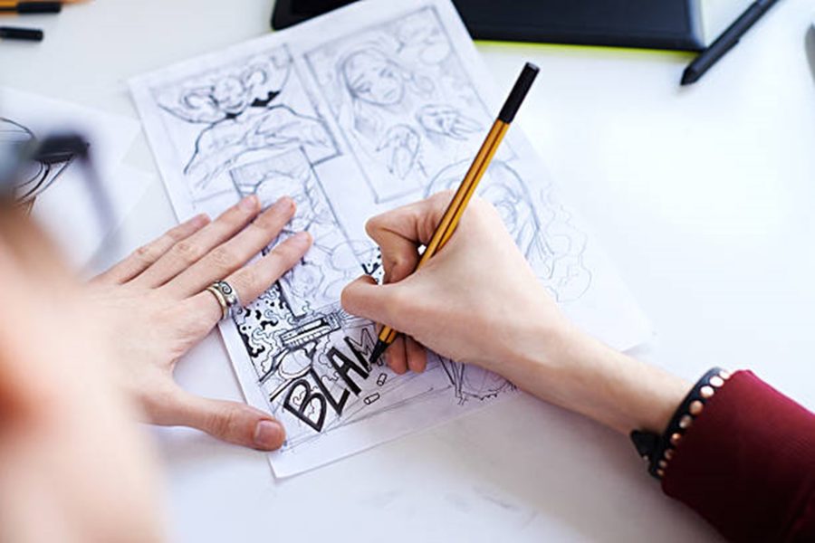 Artist working on a comic book panel