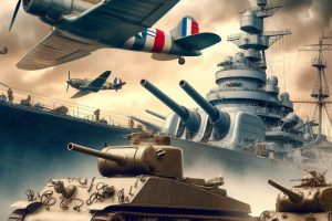 A warplane, tank, and warship together in world war II - Generated with AI
