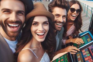 happy people playing casino games on a smartphone on a boardwalk in new jersey - Generated with AI