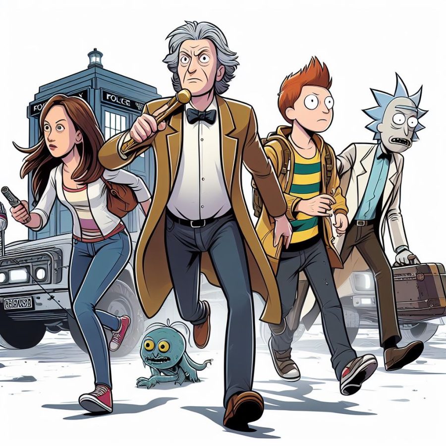 Rick and Morty and the Fourth Doctor Who and Sarah Jane Smith going on an adventure in time and space - Generated with AI