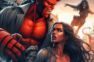 Hellboy fighting a demon while a beautiful woman watches in fear - Generated with AI
