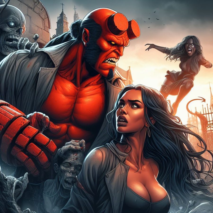 Hellboy fighting a demon while a beautiful woman watches in fear - Generated with AI