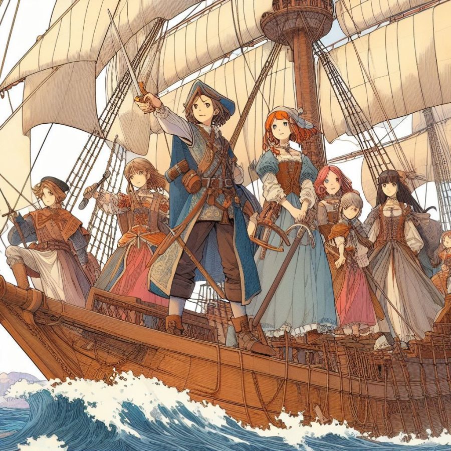 A 17th century sailing ship adventuring party led by women in the style of anime - Generated with AI