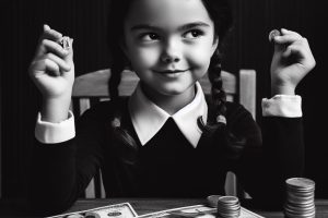 Wednesday Addams and making money - Generated with AI