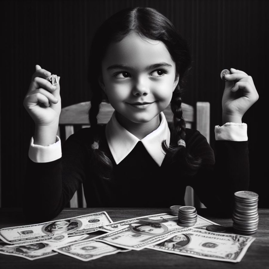 Wednesday Addams and making money - Generated with AI