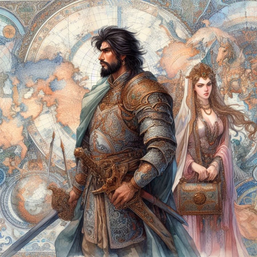 A watercolor image in the style of Boris Vallejo with an elaborate map as a background and male warrior in the foreground next to a female cleric. - Generated with AI