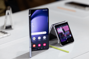 foldable smartphones on a white table